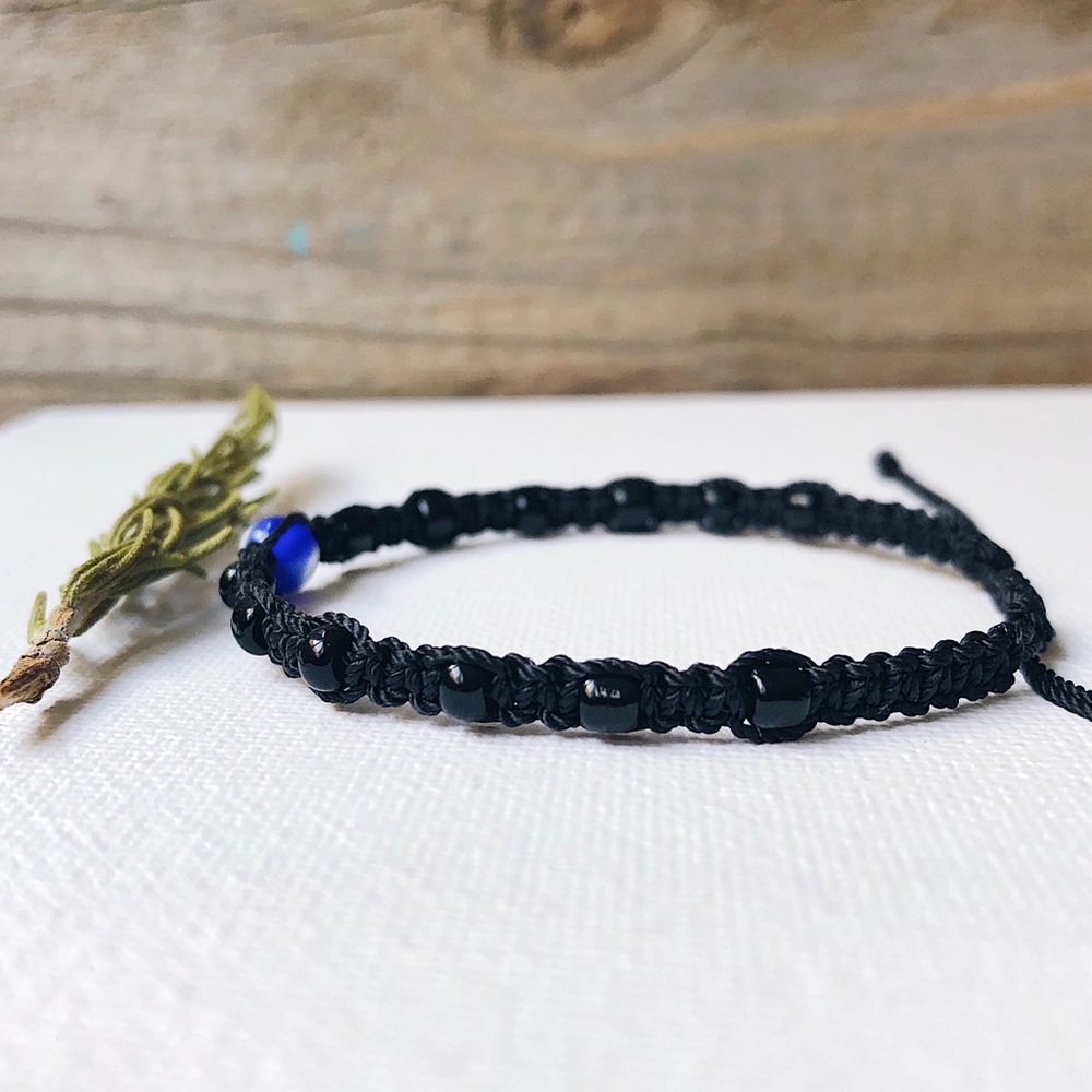 Blue Turkish Evil Eye Black Nylon Beaded Bracelet - Picture 3 of 3